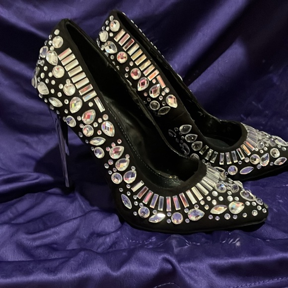 Black suede heels with silver rhinestones - Picture 3 of 4